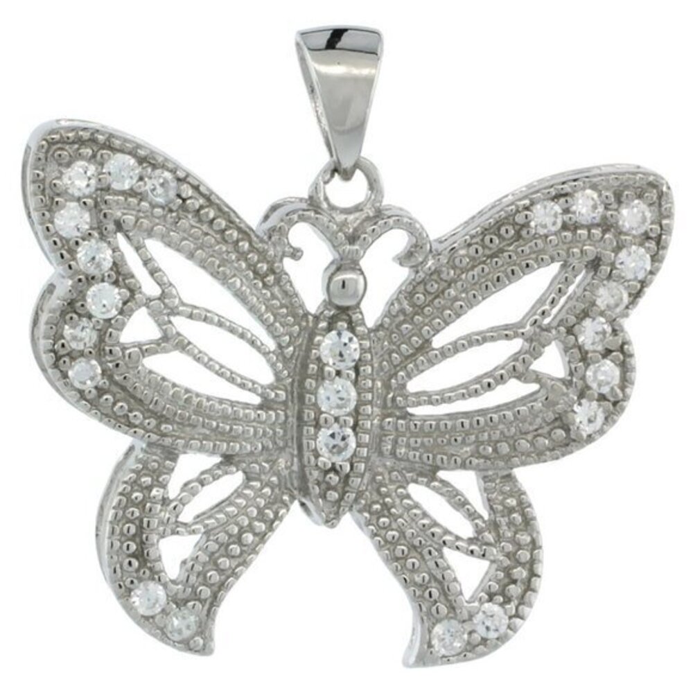 Sterling Silver Butterfly Pendant CZ 3/4"